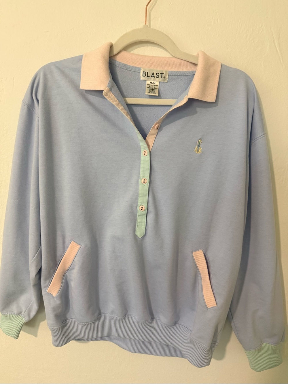 Vintage BLAST Pastel Colorblock Polo Sweatshirt Pullover 80s 90s Size M
